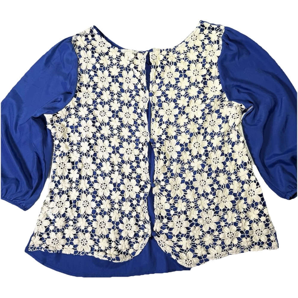 Lauren Conrad - Womens Top Large Blue Front White Lace Button Up Back 3/4 Sleeve